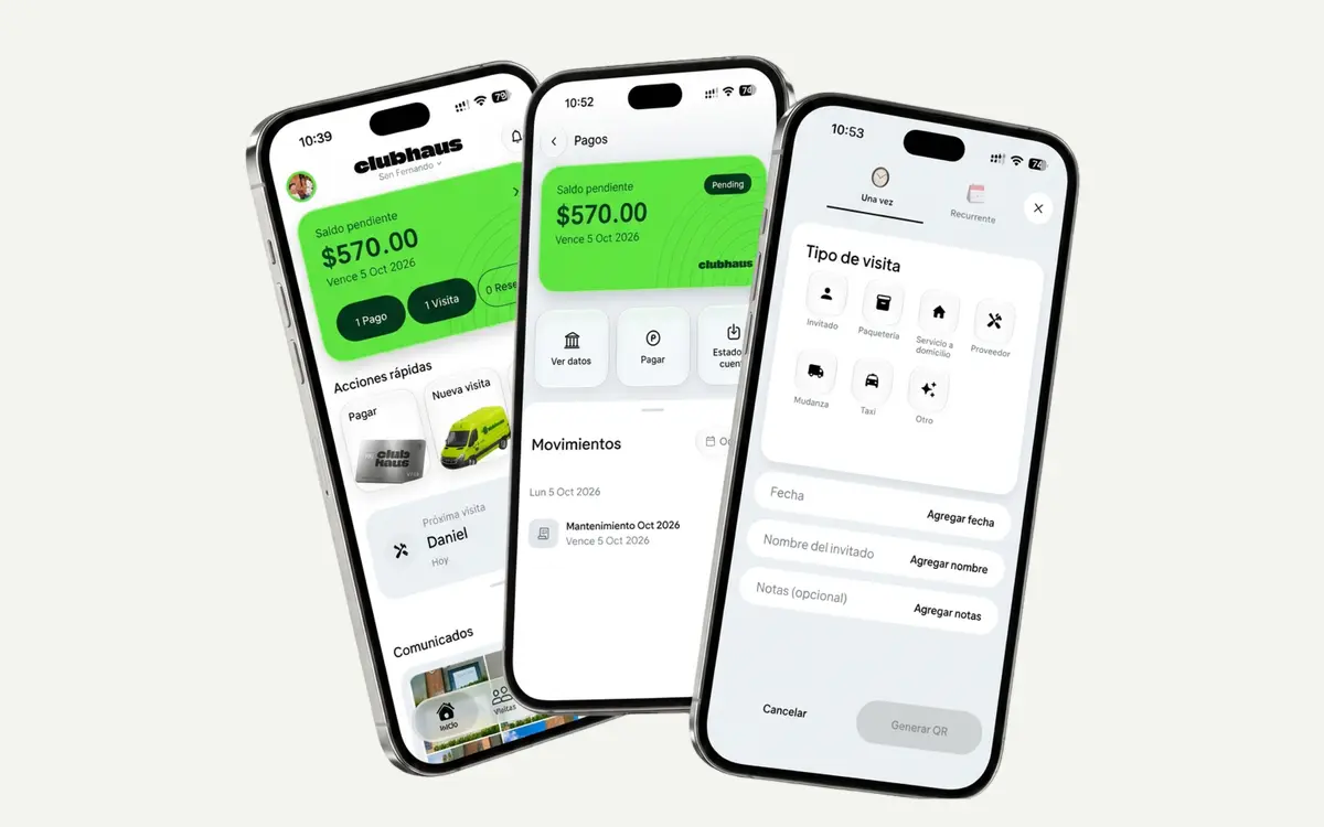 App Clubhaus para residentes: saldo pendiente, pagos y registro de visitas con QR