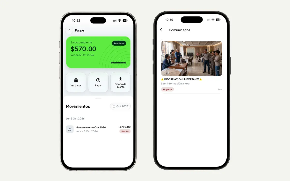 Pantallas de la app Clubhaus con estado de cuenta del residente y comunicados del condominio