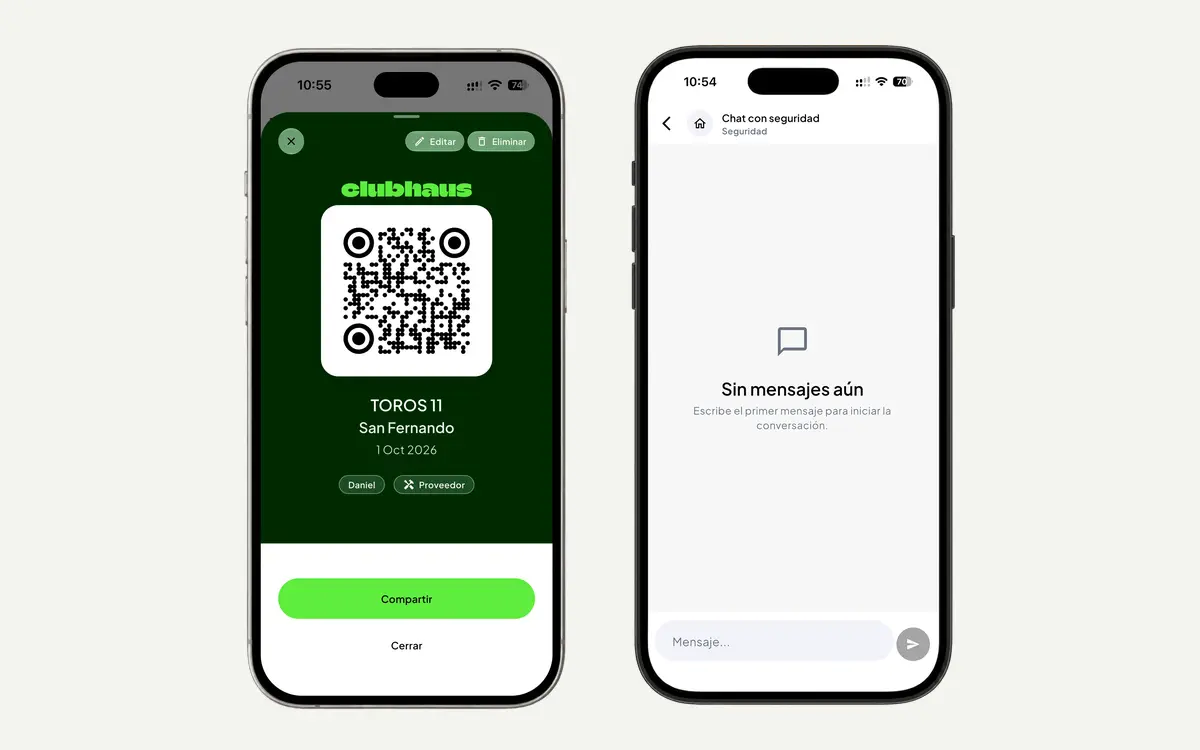 Pantallas de Clubhaus con registro de visitas, pase QR y bitácora de seguridad para la recepción del edificio