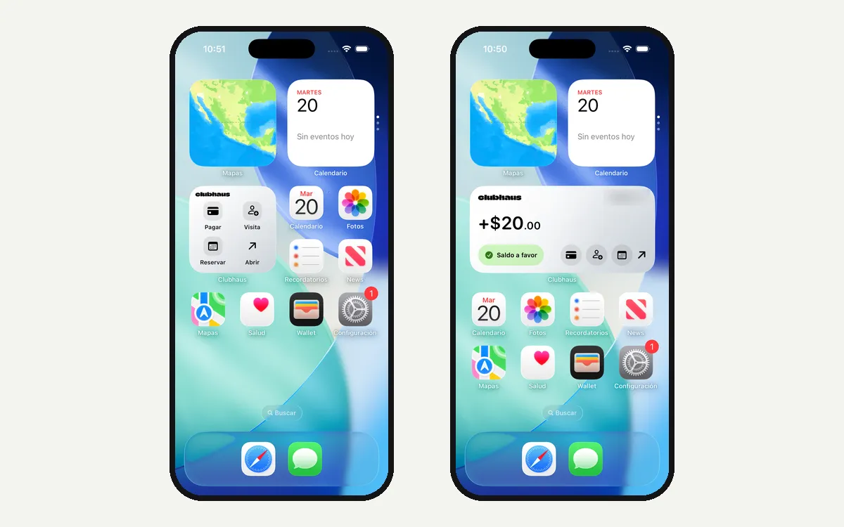 Dos pantallas de inicio de iPhone con el widget de Clubhaus: a la izquierda los accesos Pagar, Visita, Reservar y Abrir; a la derecha el widget grande con saldo a favor